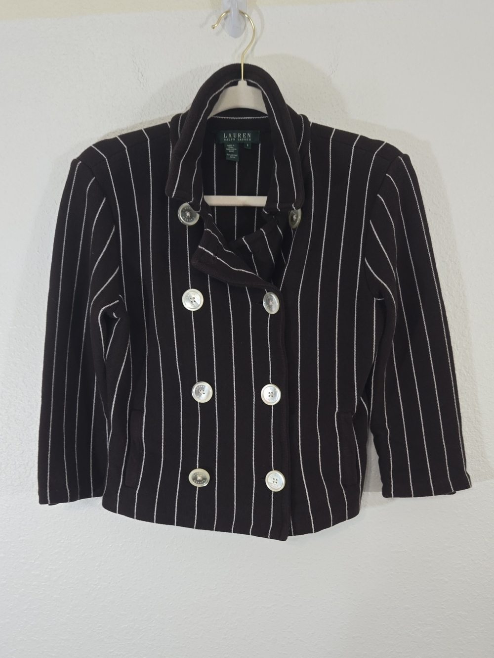 Lauren Ralph Lauren Cropped Brown/White Pinstripe Blazer Jacket, size Small